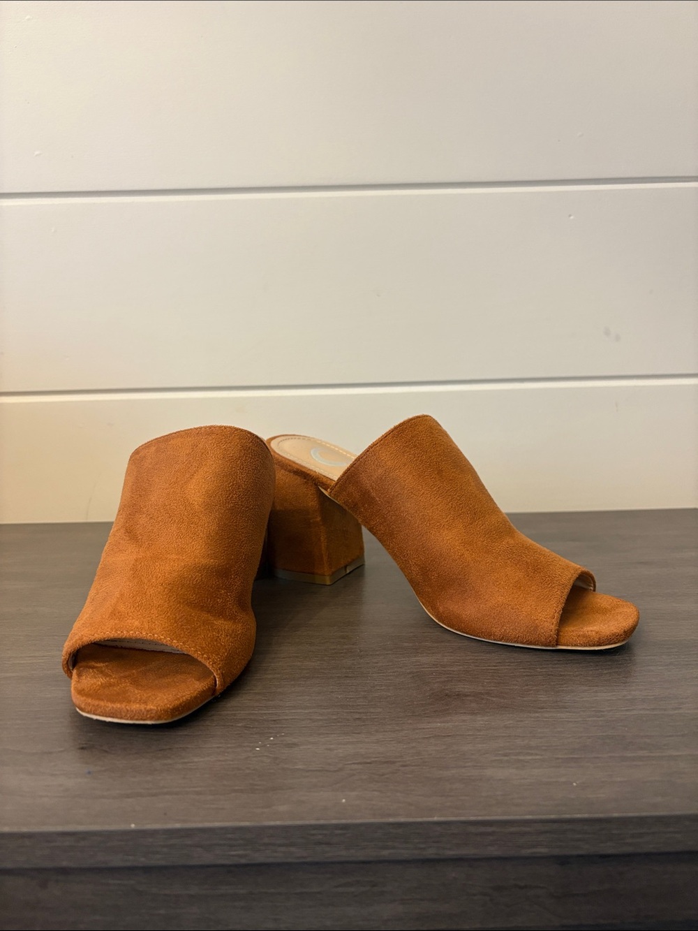 Suede Open-Toe Block Heel Mules in Cognac